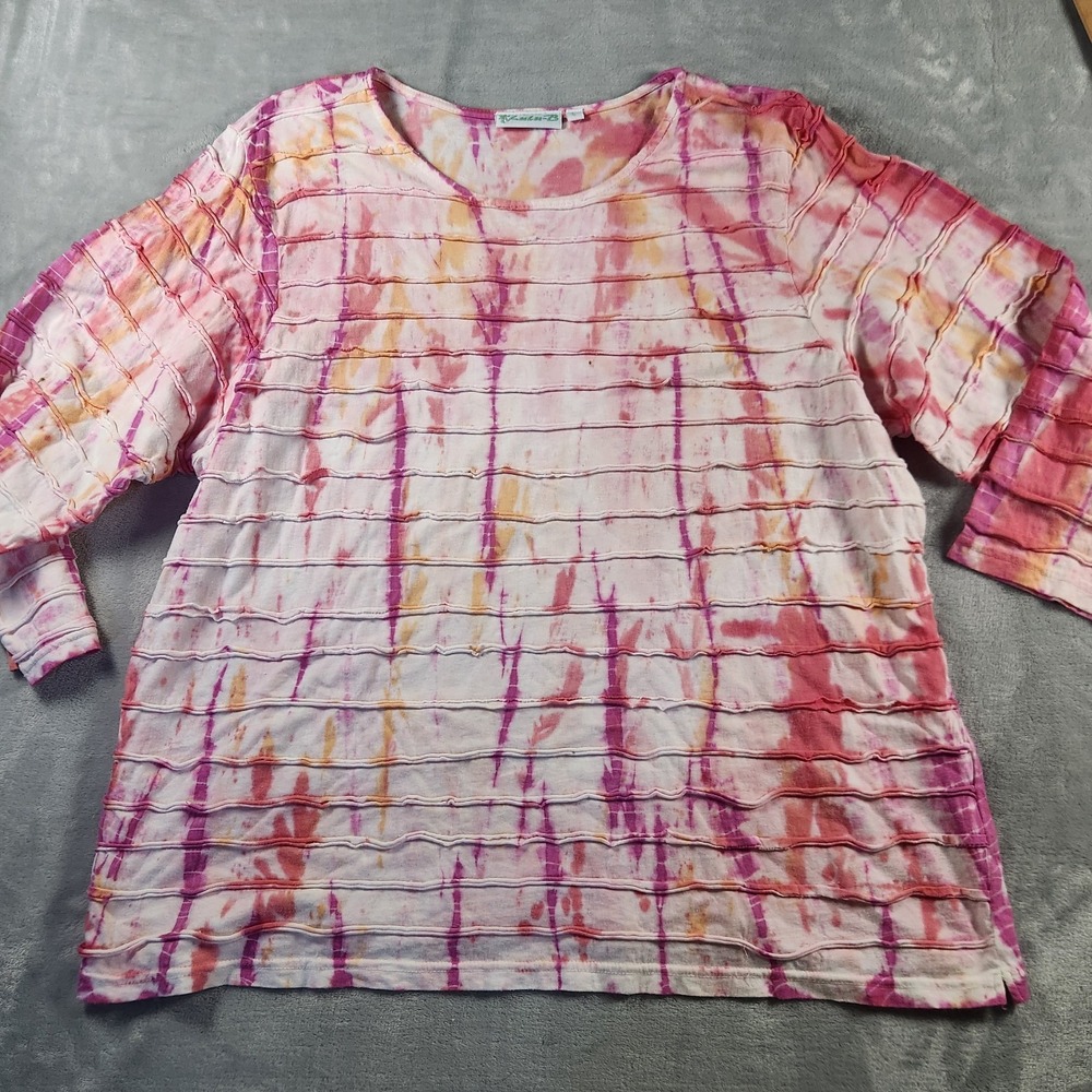 Lulu B Top Womens L 3/4 Pink/Orange Sleeve Textured Tie Dye Round Neck Casual‎